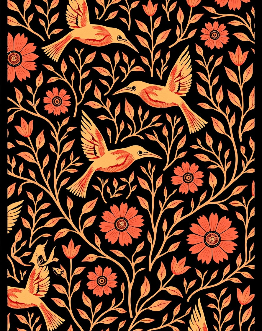 Coral and Gold Bird Floral Tableau Rug