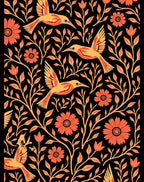 Coral and Gold Bird Floral Tableau Rug