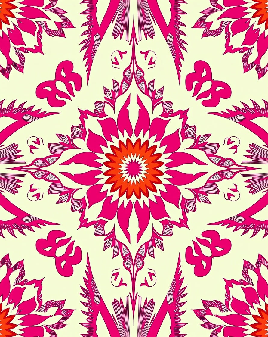 Hot Pink Floral Mandala Cream Rug