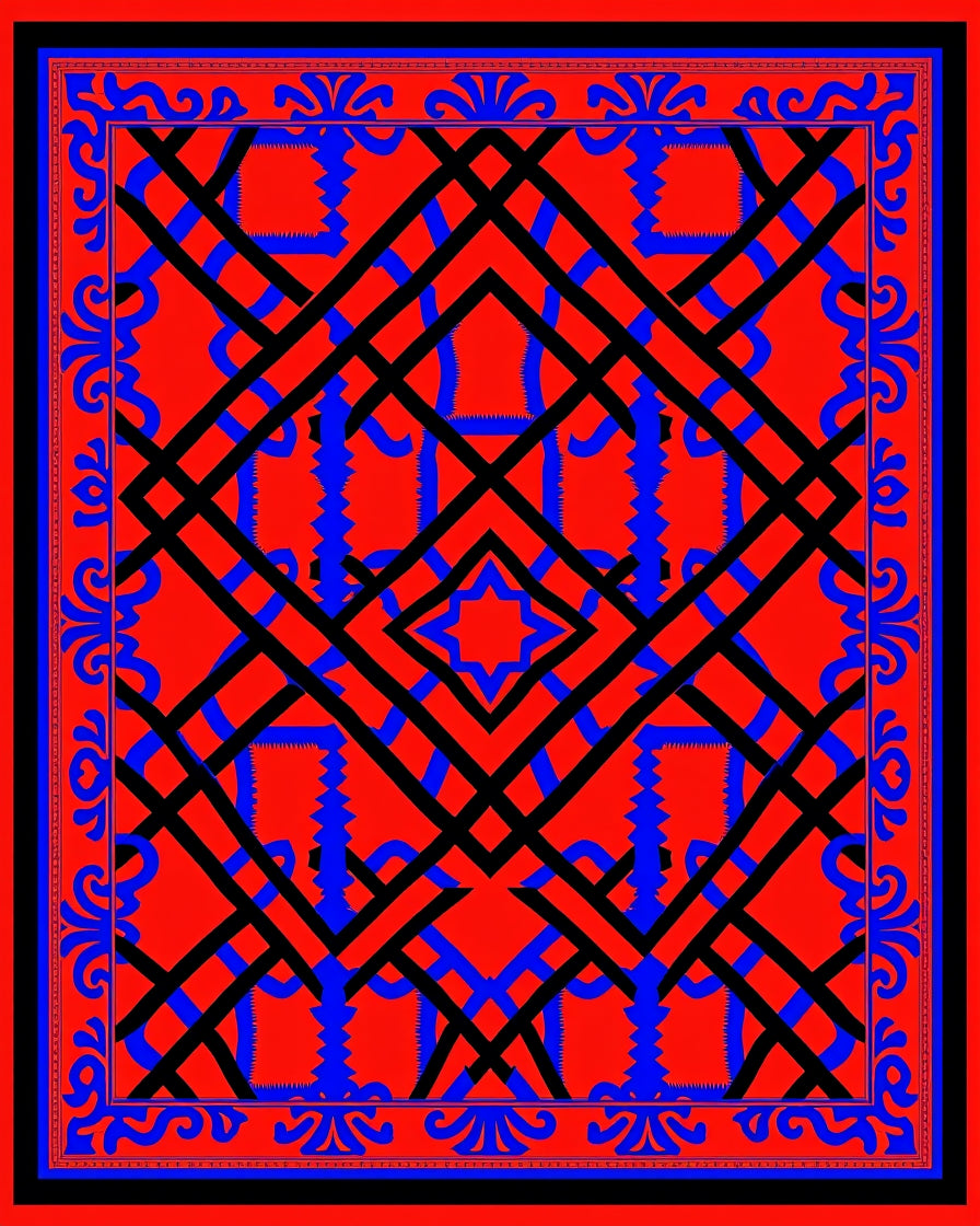 Bold Red Black Blue Interlocking Geometric Rug