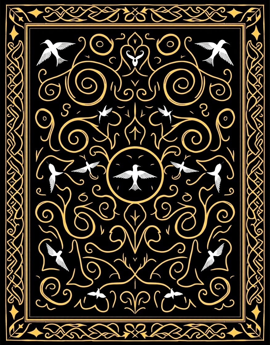 Black Gold Swirling Birds Frame Rug