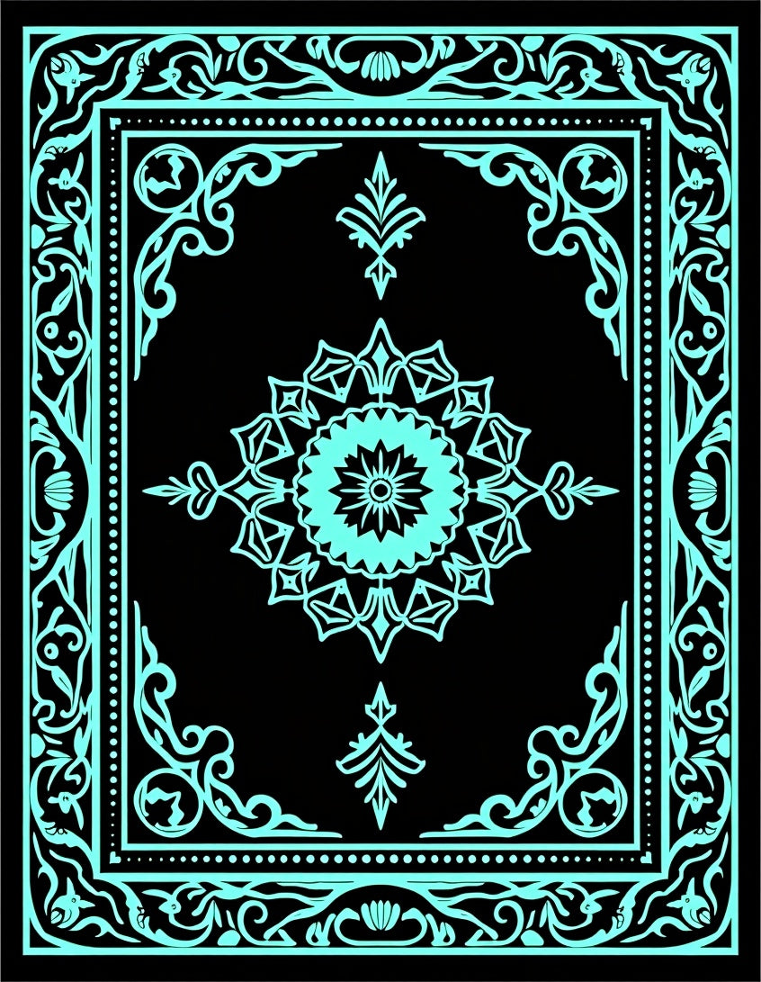 Aqua Black Intricate Medallion Border Rug