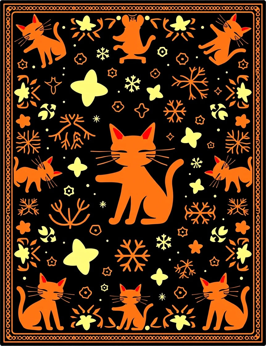 Orange Cat Whimsical Stars Black Rug