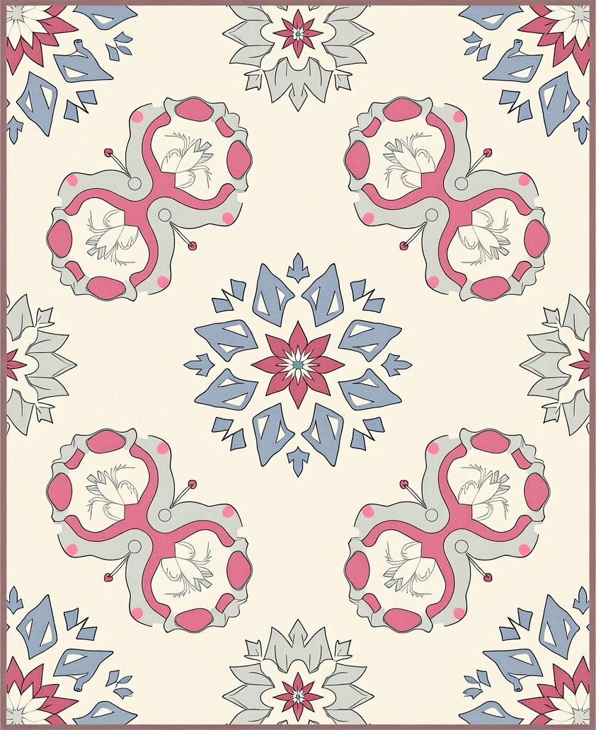 Cream Pink Gray Floral Medallion Rug