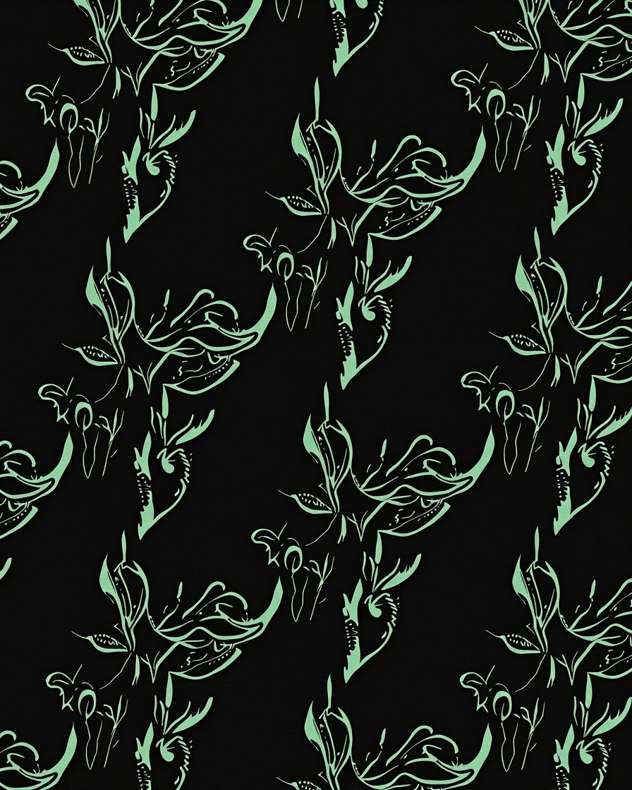 Light Green Floral Sketch on Black Rug