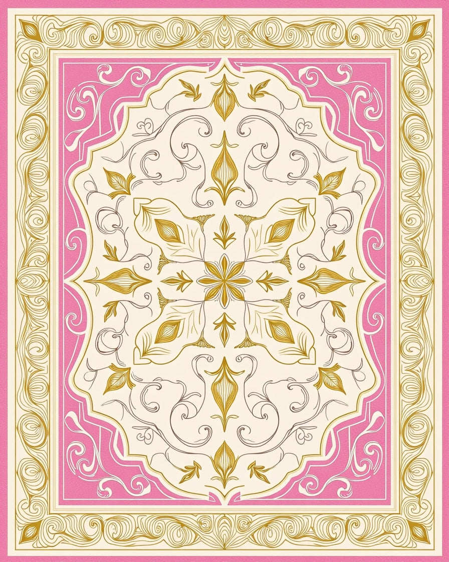 Ornate Pink and Gold Medallion Lace Rug