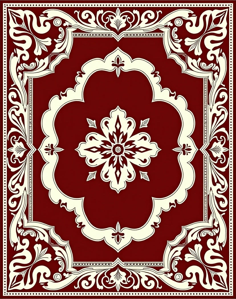 Crimson Ivory Ornate Medallion Border Rug
