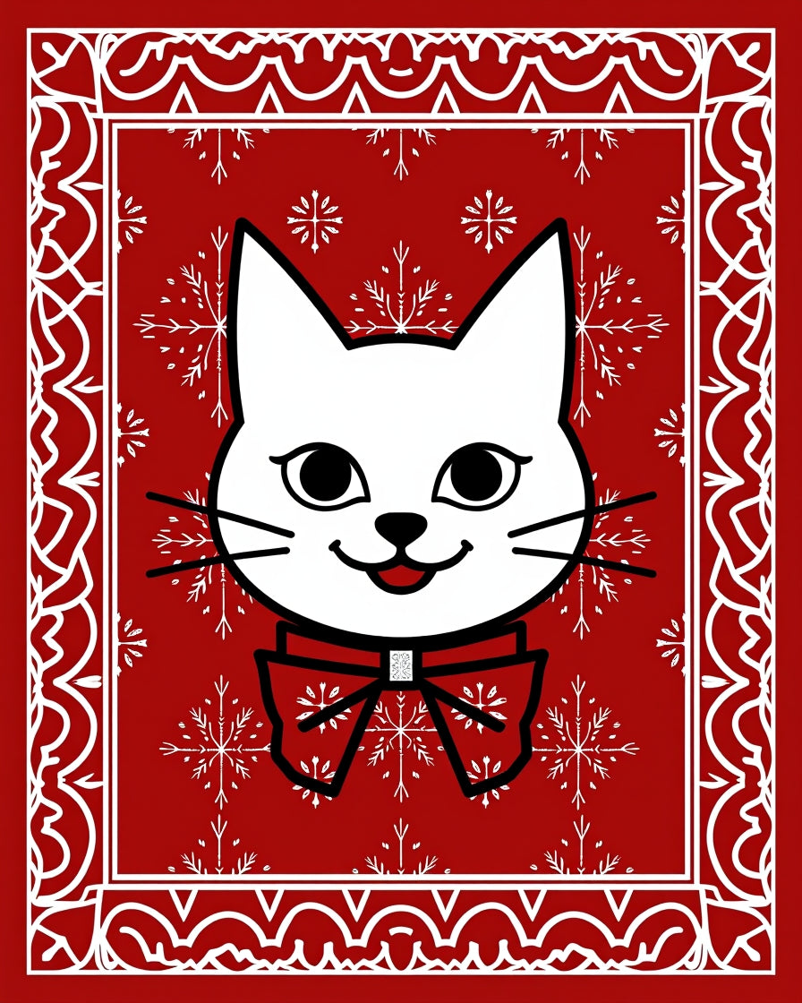 Red White Feline Snowflake Festive Rug