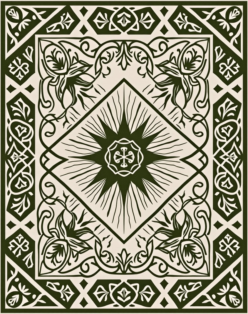 Dark Green Cream Floral Medallion Border Rug