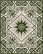 Dark Green Cream Floral Medallion Border Rug