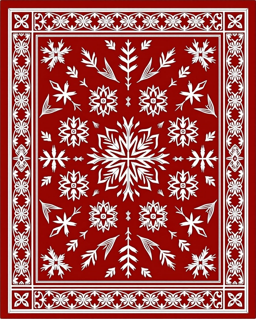 Crimson Snowflake Floral Border Rug