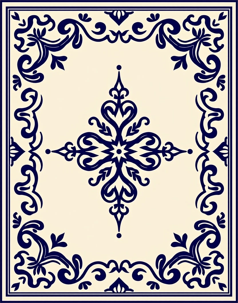 Deep Blue Floral Scroll Medallion Rug