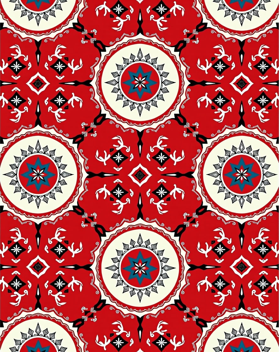 Red Teal Starburst Medallion Mandala Rug