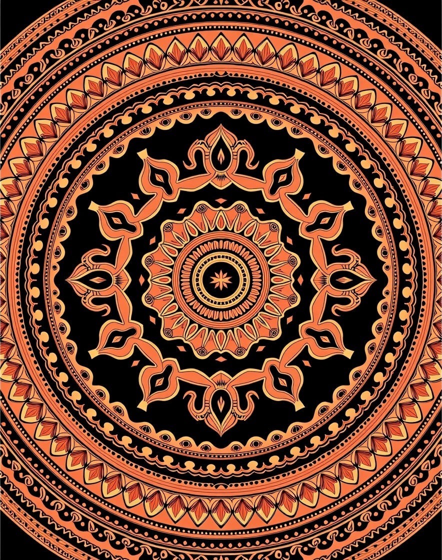 Vibrant Orange Black Mandala Round Rug