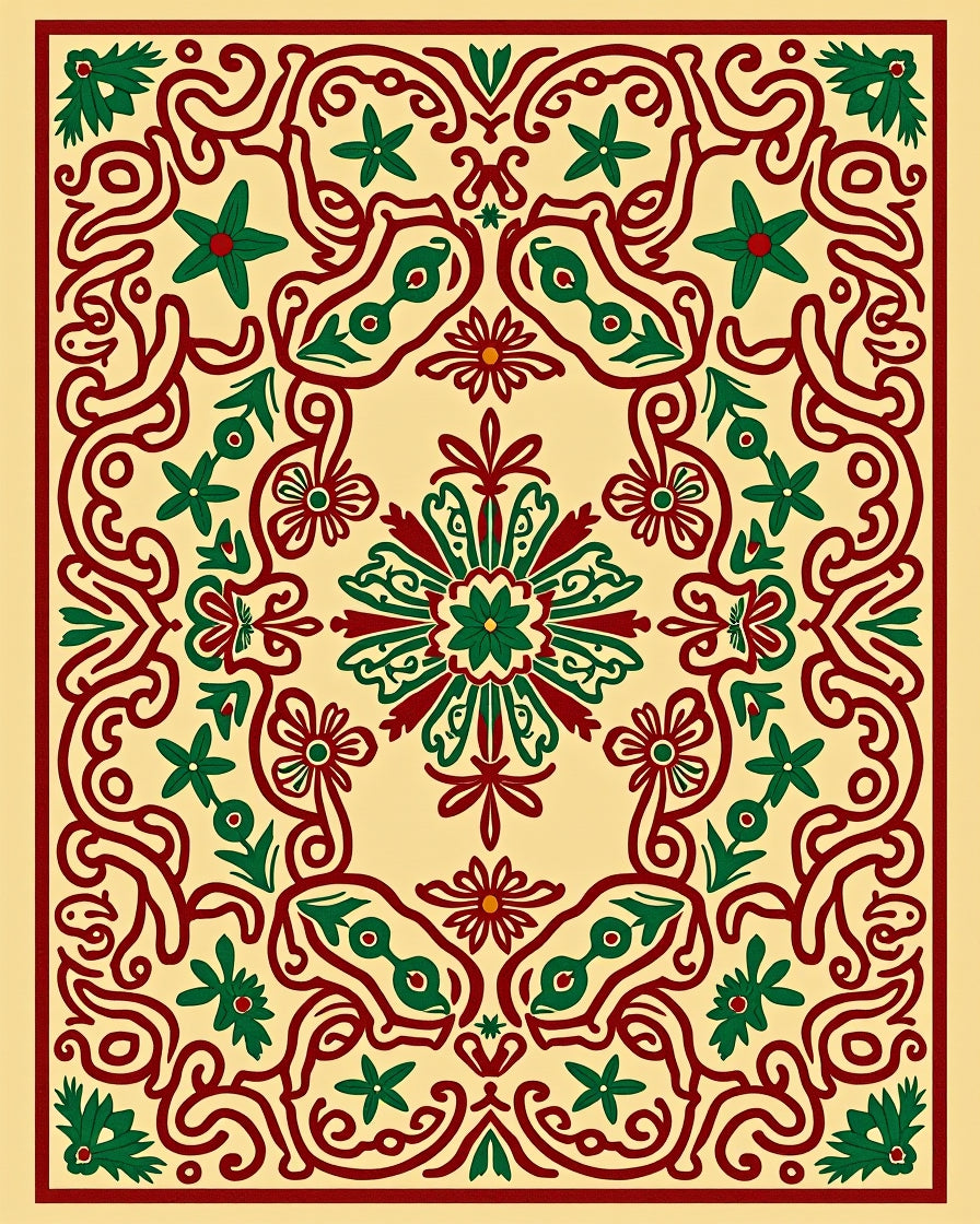 Crimson Green Floral Curvilinear Frame Rug