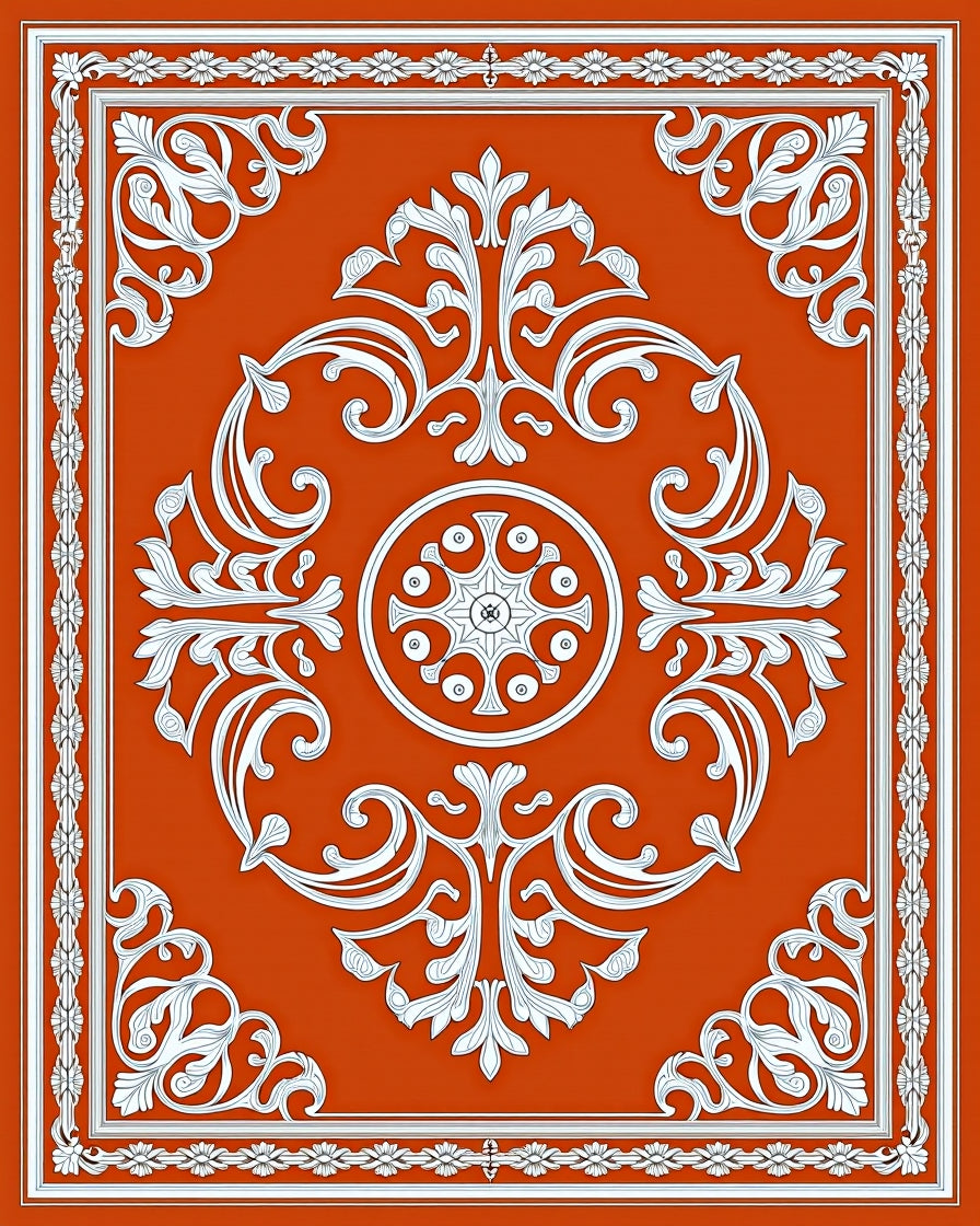 Terracotta White Ornate Scroll Medallion Rug