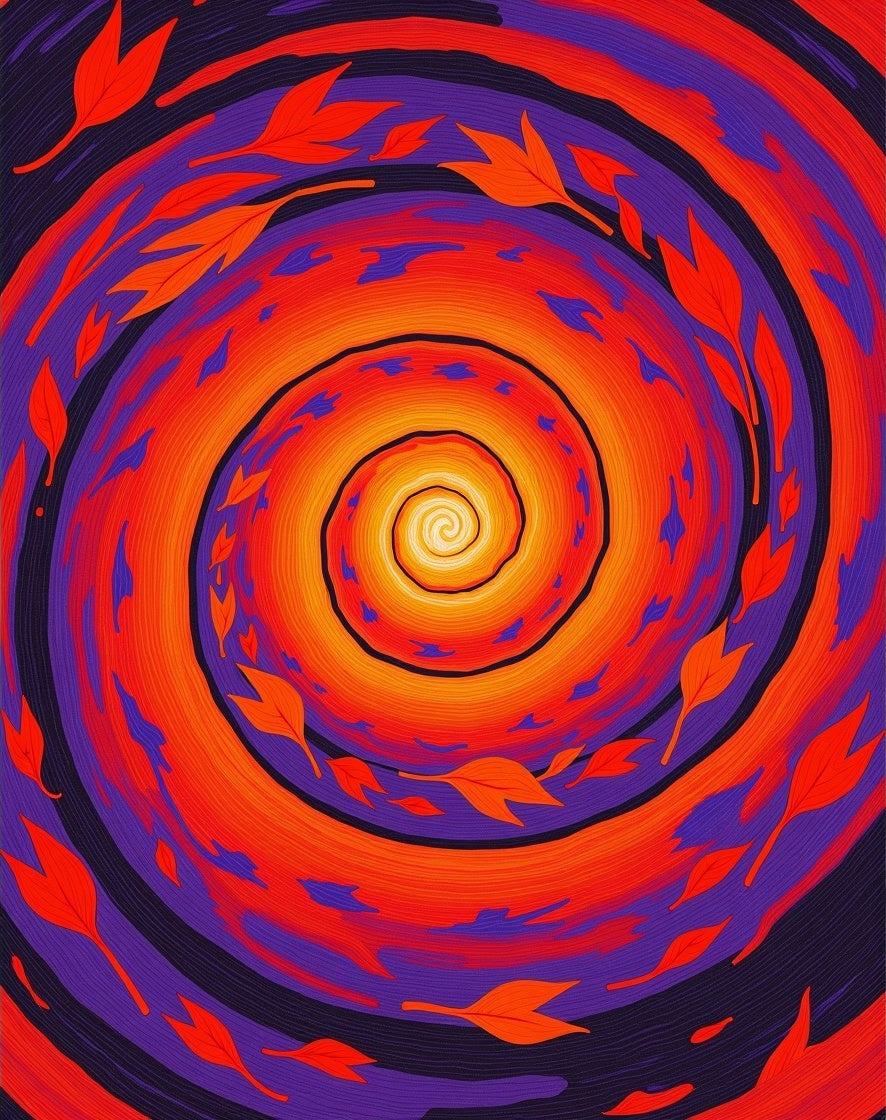 Vibrant Orange Purple Leaf Swirl Rug