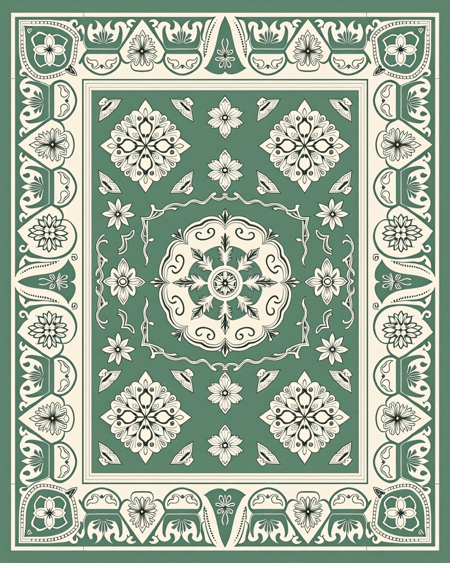 Vintage Sage Floral Medallion Border Rug