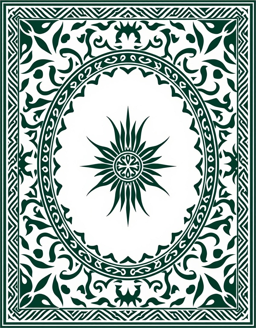 Dark Green Sunburst Medallion Border Rug