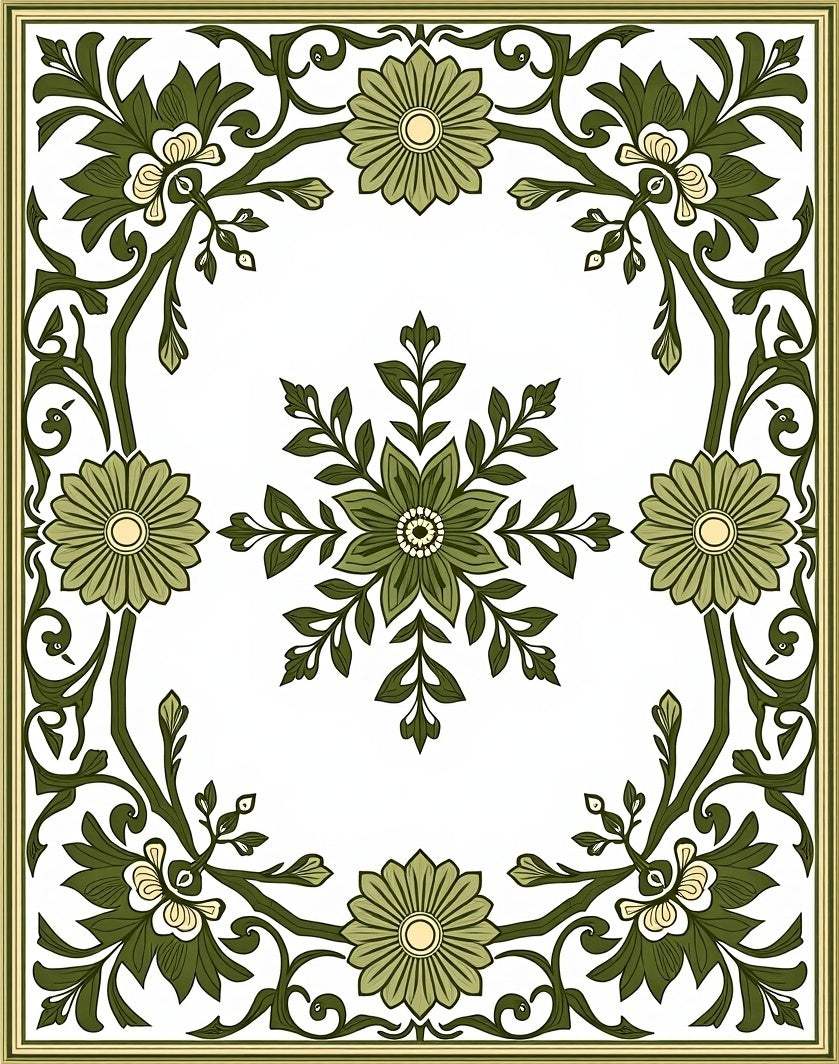 Green Floral Vine Border Rug