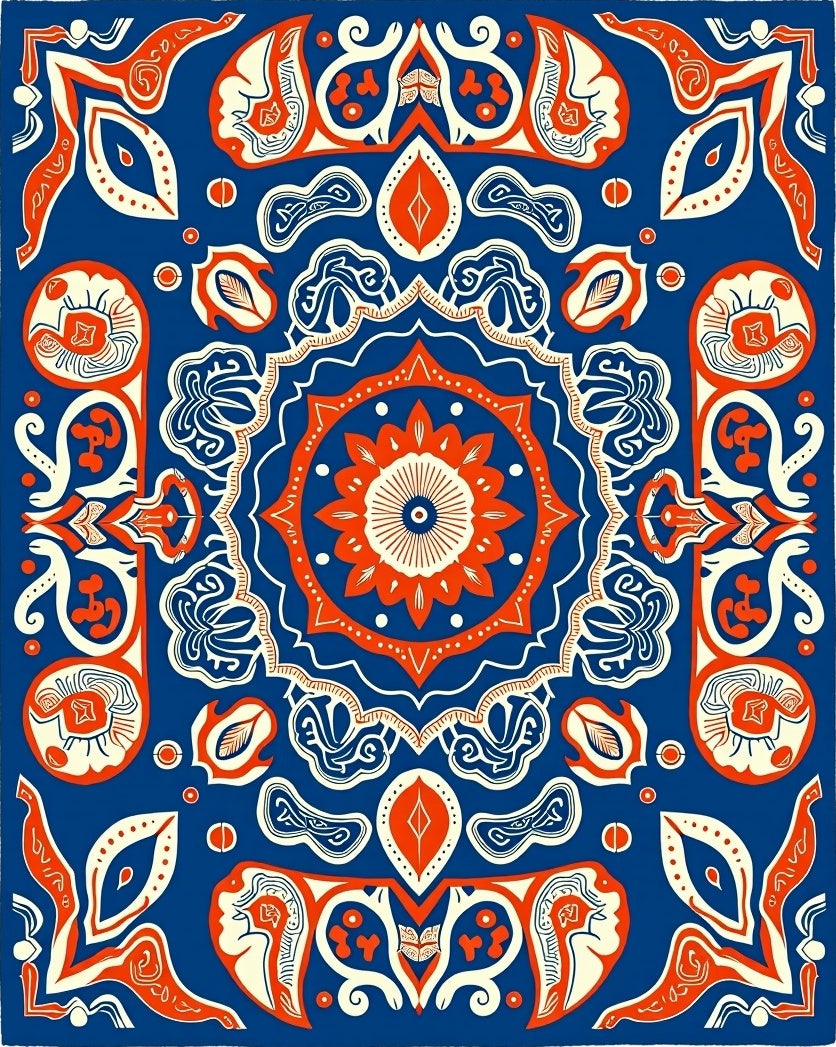 Bold Indigo Orange Medallion Kaleido Rug