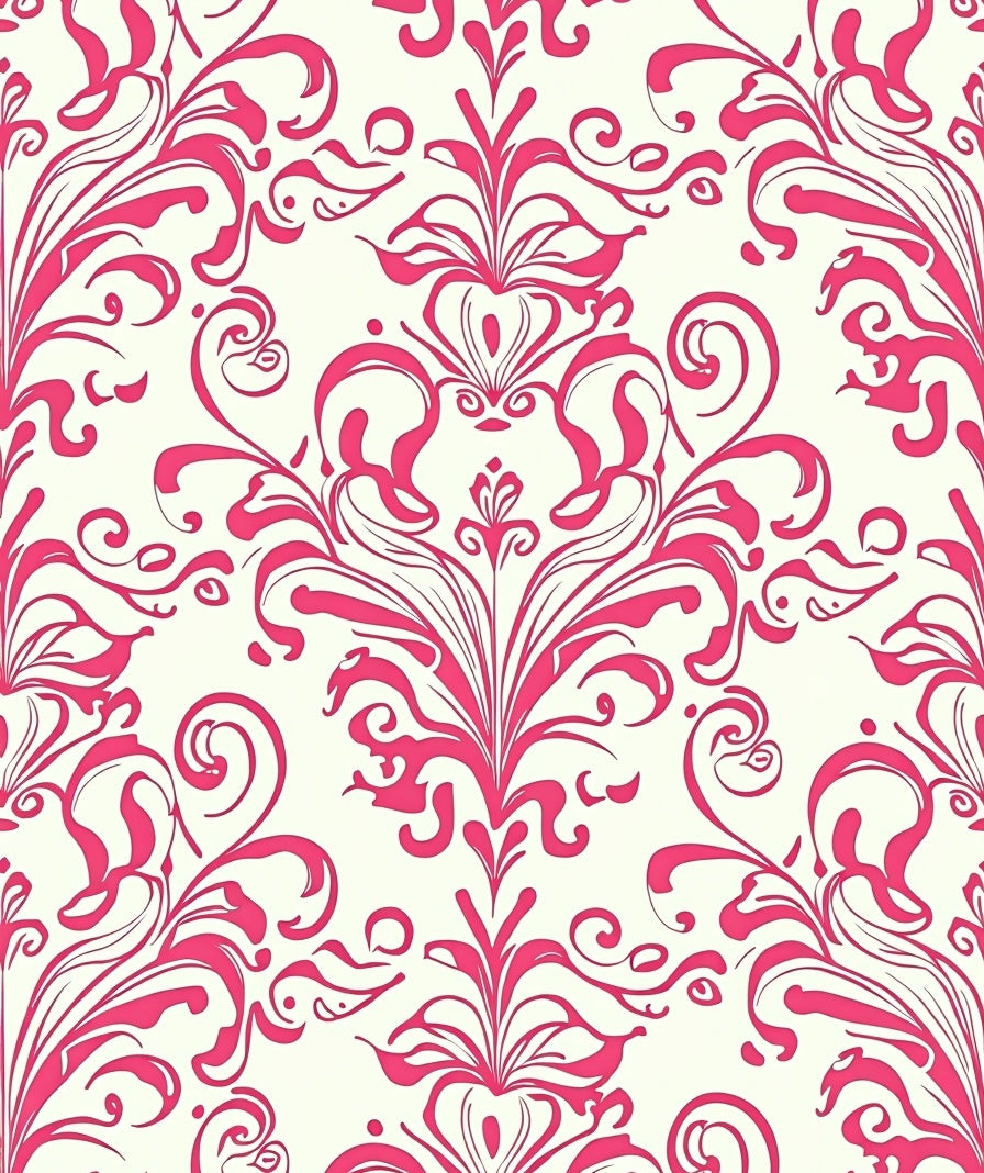 Deep Pink Floral Damask Swirl Rug