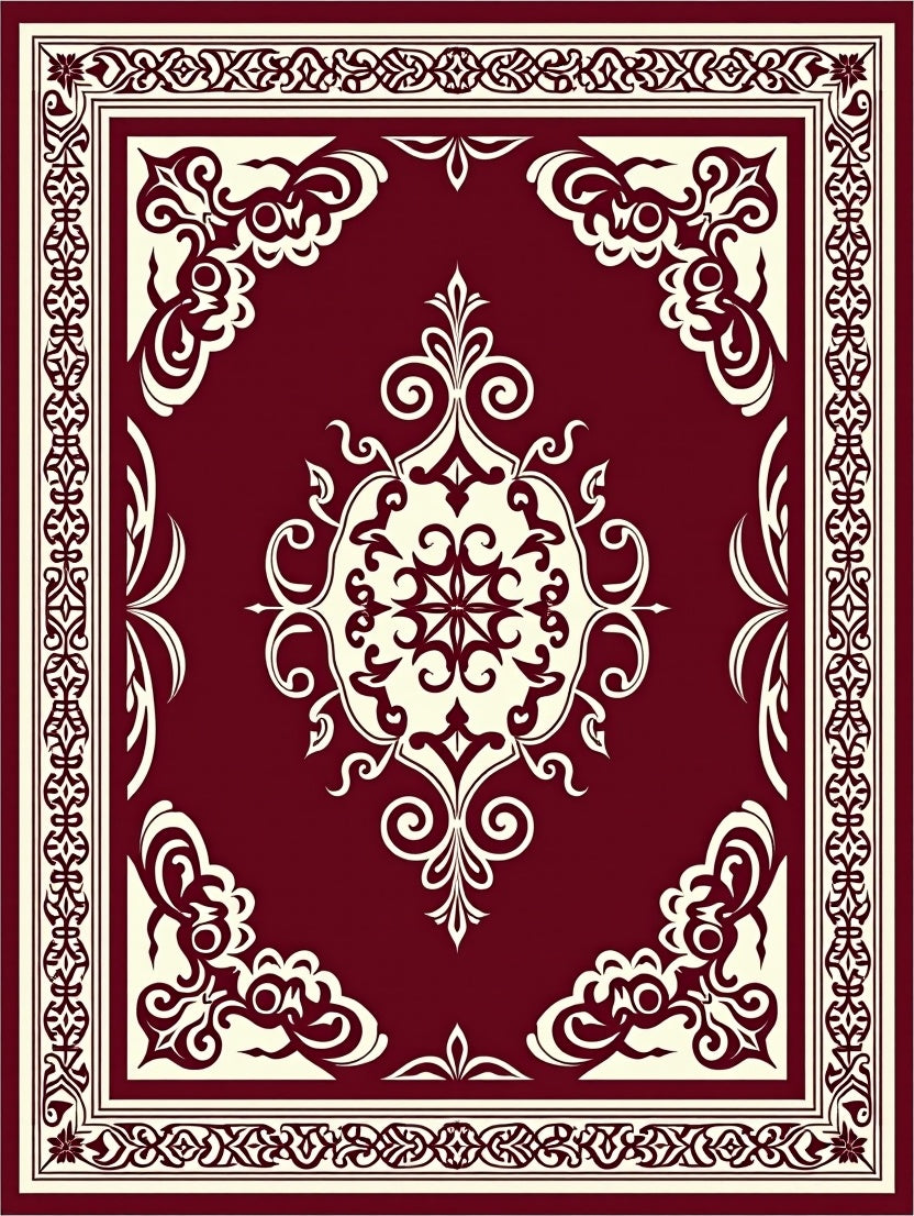 Burgundy Cream Scrollwork Medallion Rug