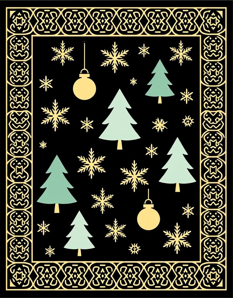 Festive Christmas Trees Snowflakes Baubles Border Rug