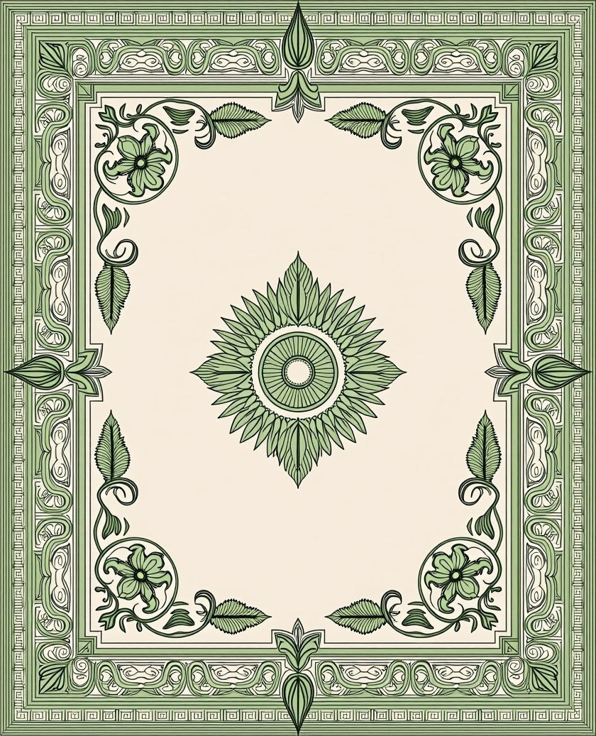 Sage Green Floral Medallion Border Rug