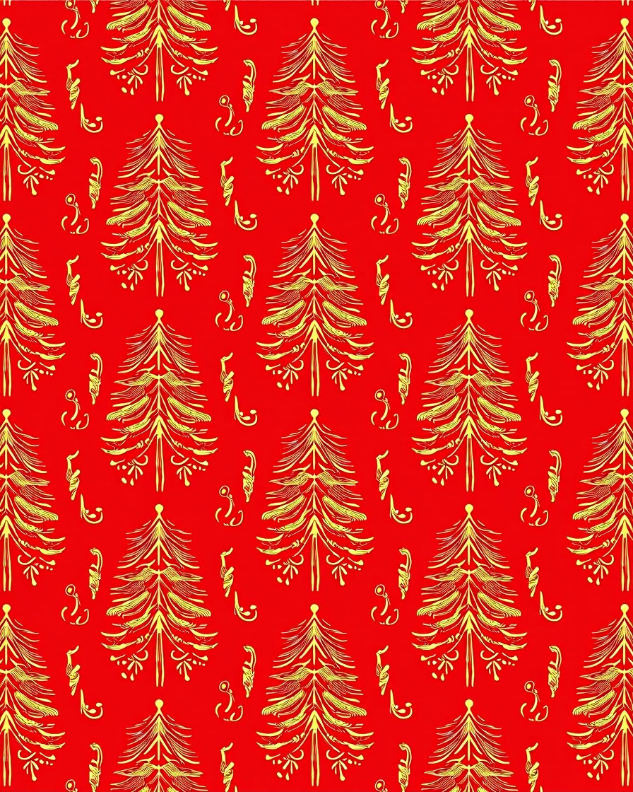 Golden Pine Tree Holiday Red Rug