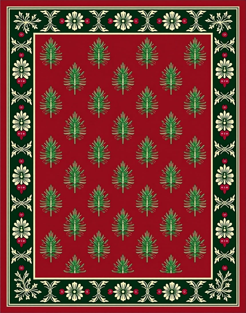 Crimson Green Fir Tree Floral Border Rug