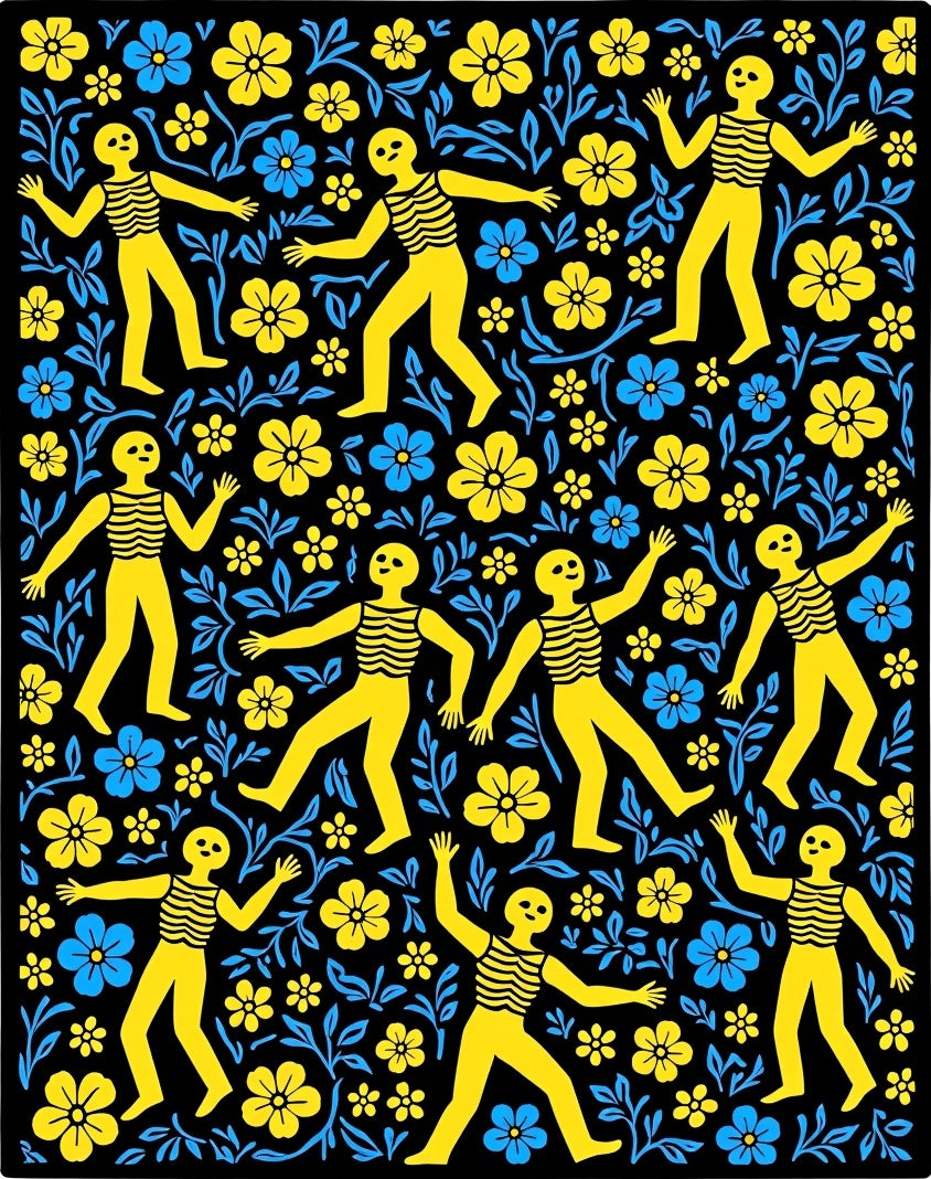 Yellow Figures Blue Yellow Floral Black Rug