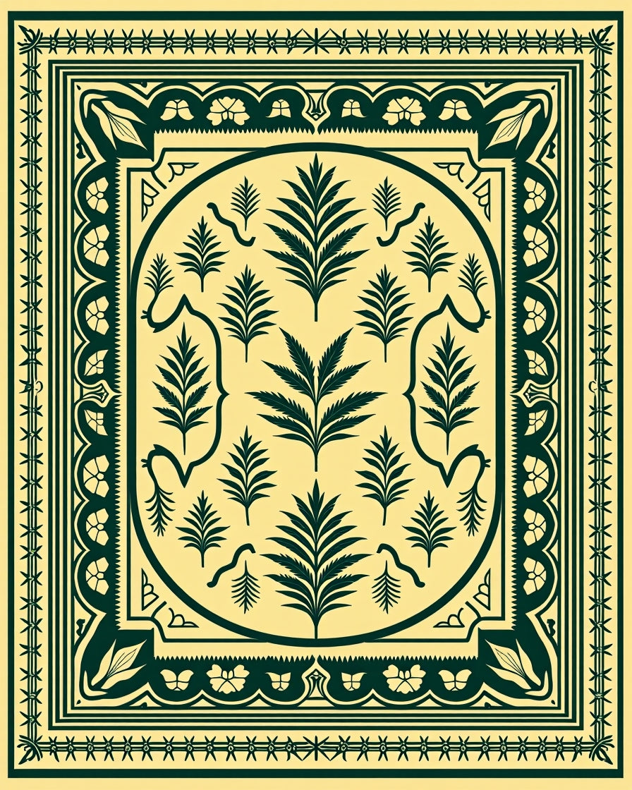 Dark Green Fern Botanical Border Rug