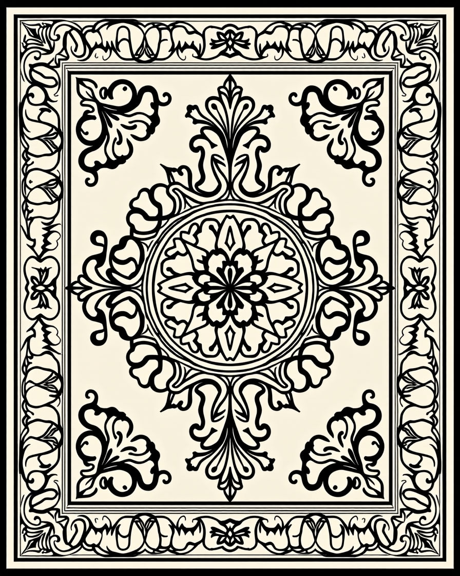 Classic Cream Black Floral Scroll Medallion Rug