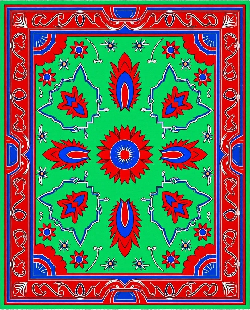 Bright Green Red Blue Floral Medallion Rug