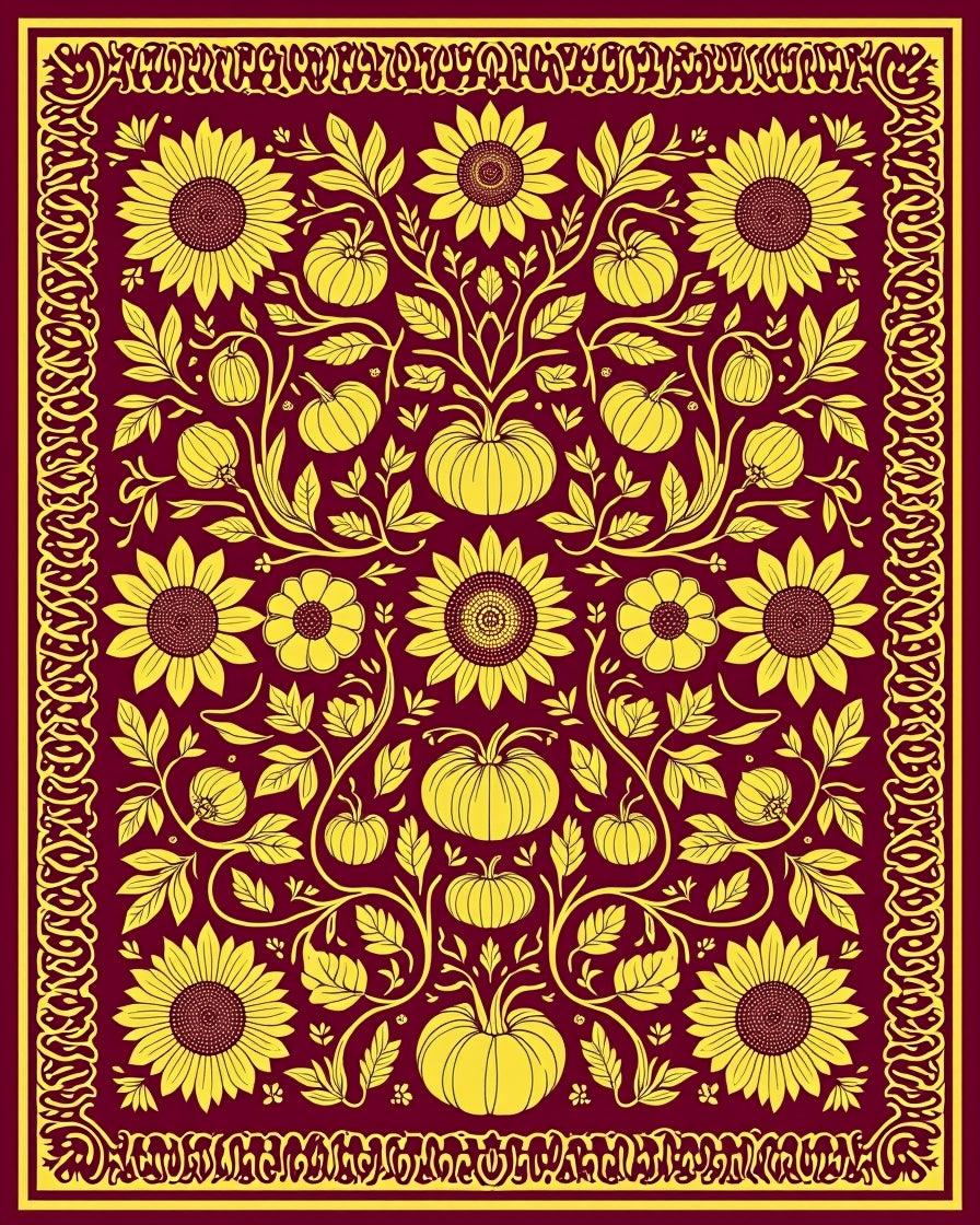 Burgundy and Gold Sunflower Pumpkin Floral Rug
