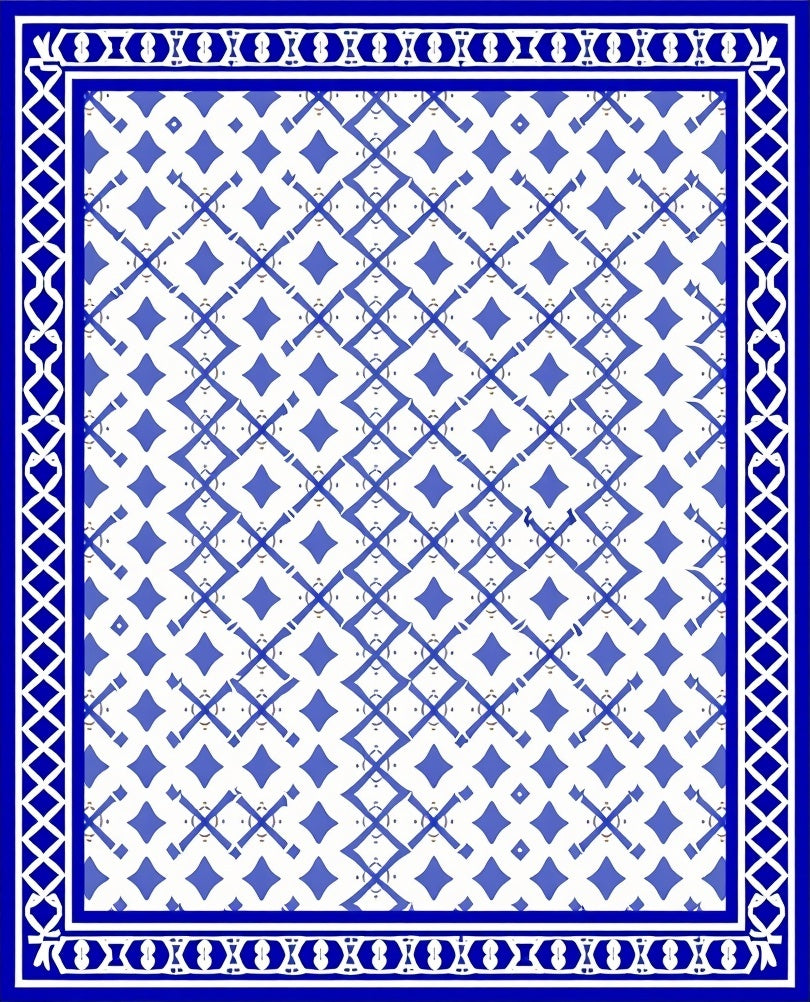 Classic Blue White Geometric Border Rug