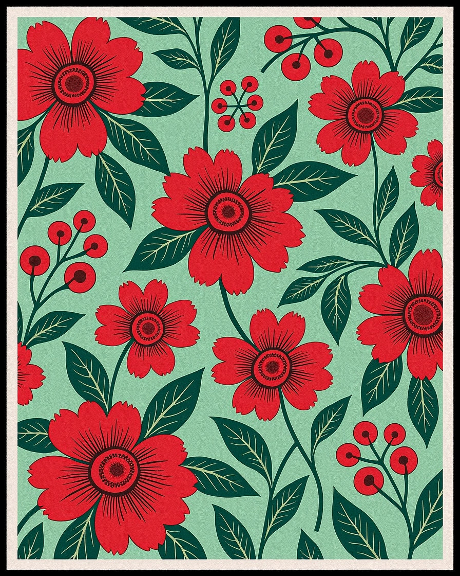 Vibrant Red Floral Berry Garden Rug
