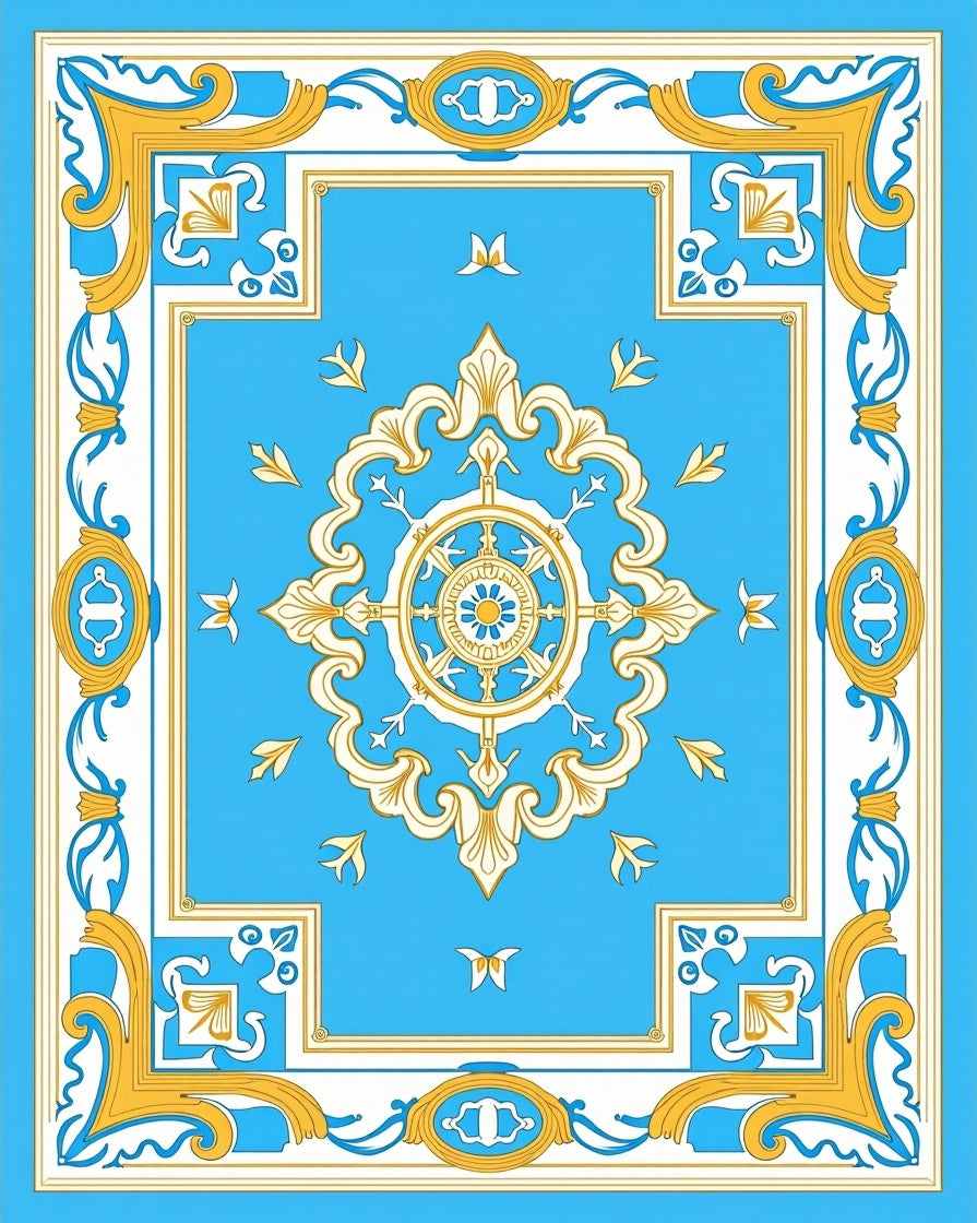 Golden White Blue Medallion Frame Rug