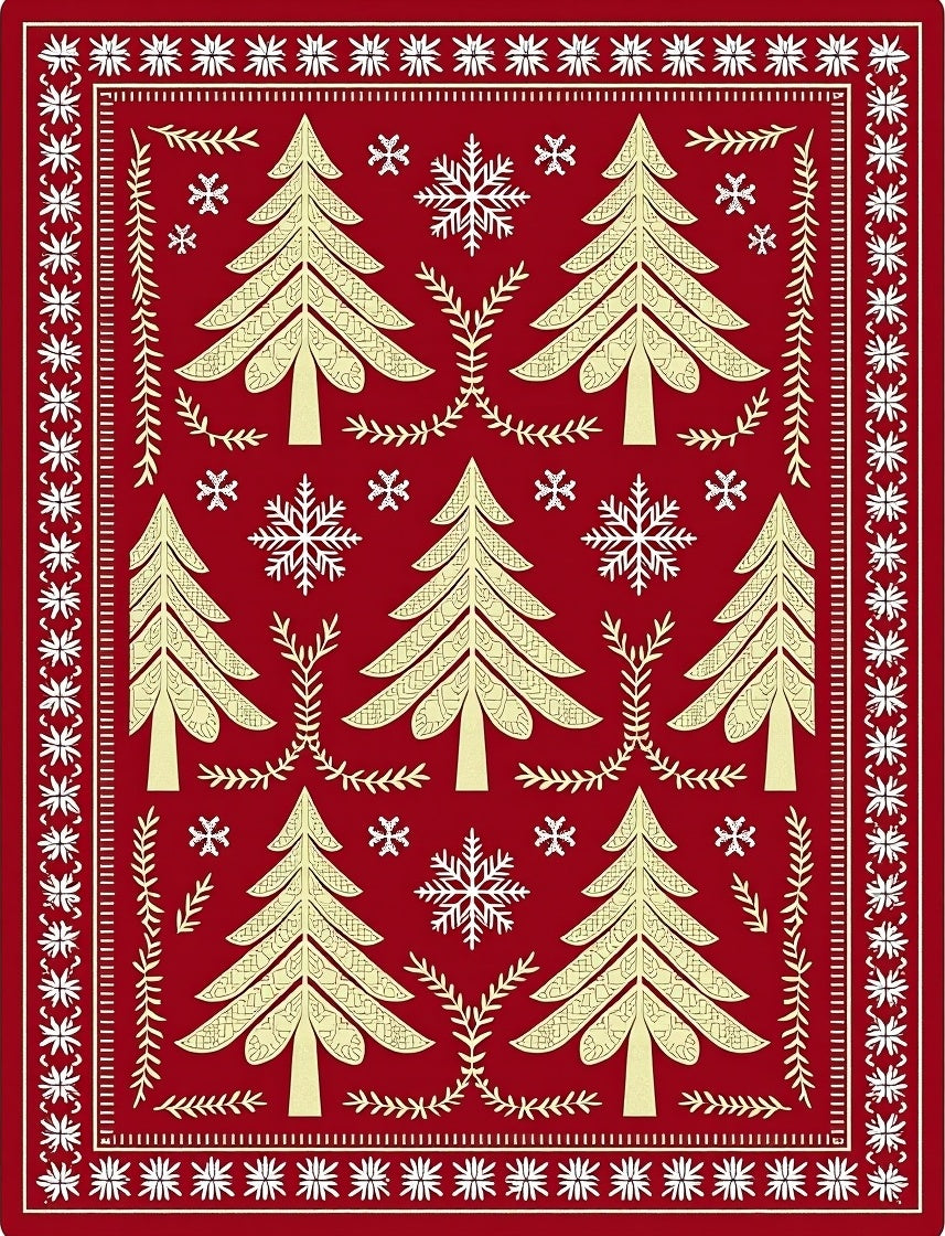 Crimson Festive Christmas Tree Snowflakes Rug