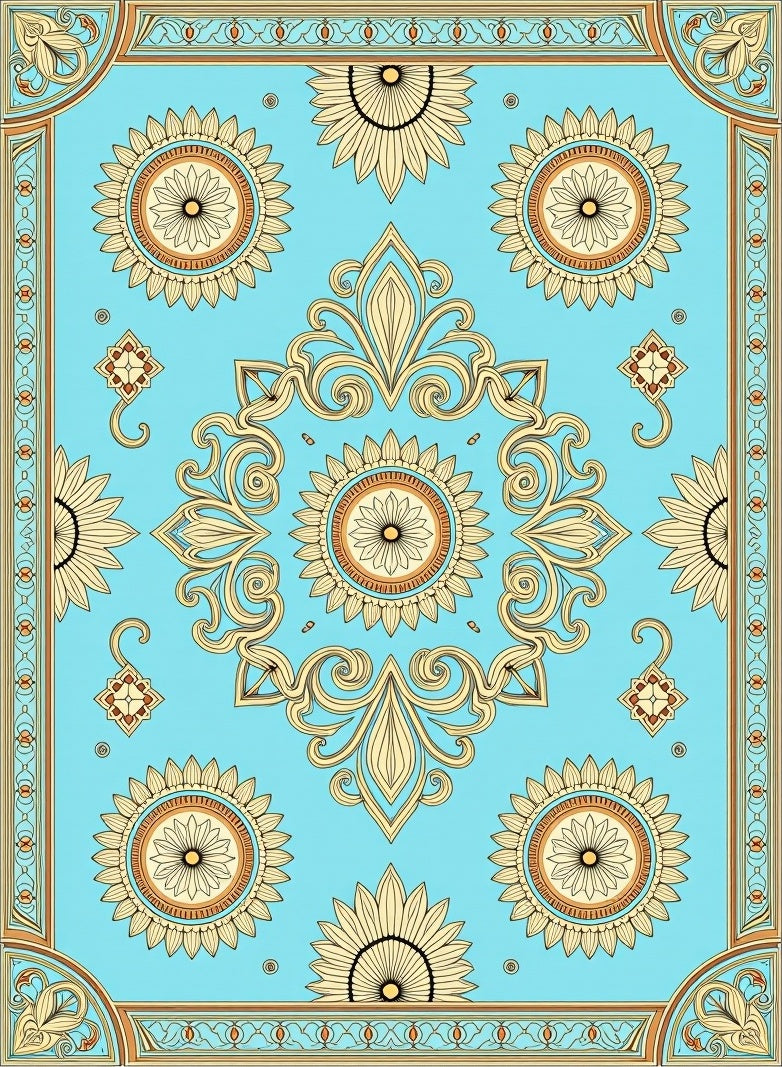 Turquoise Floral Medallion Border Rug