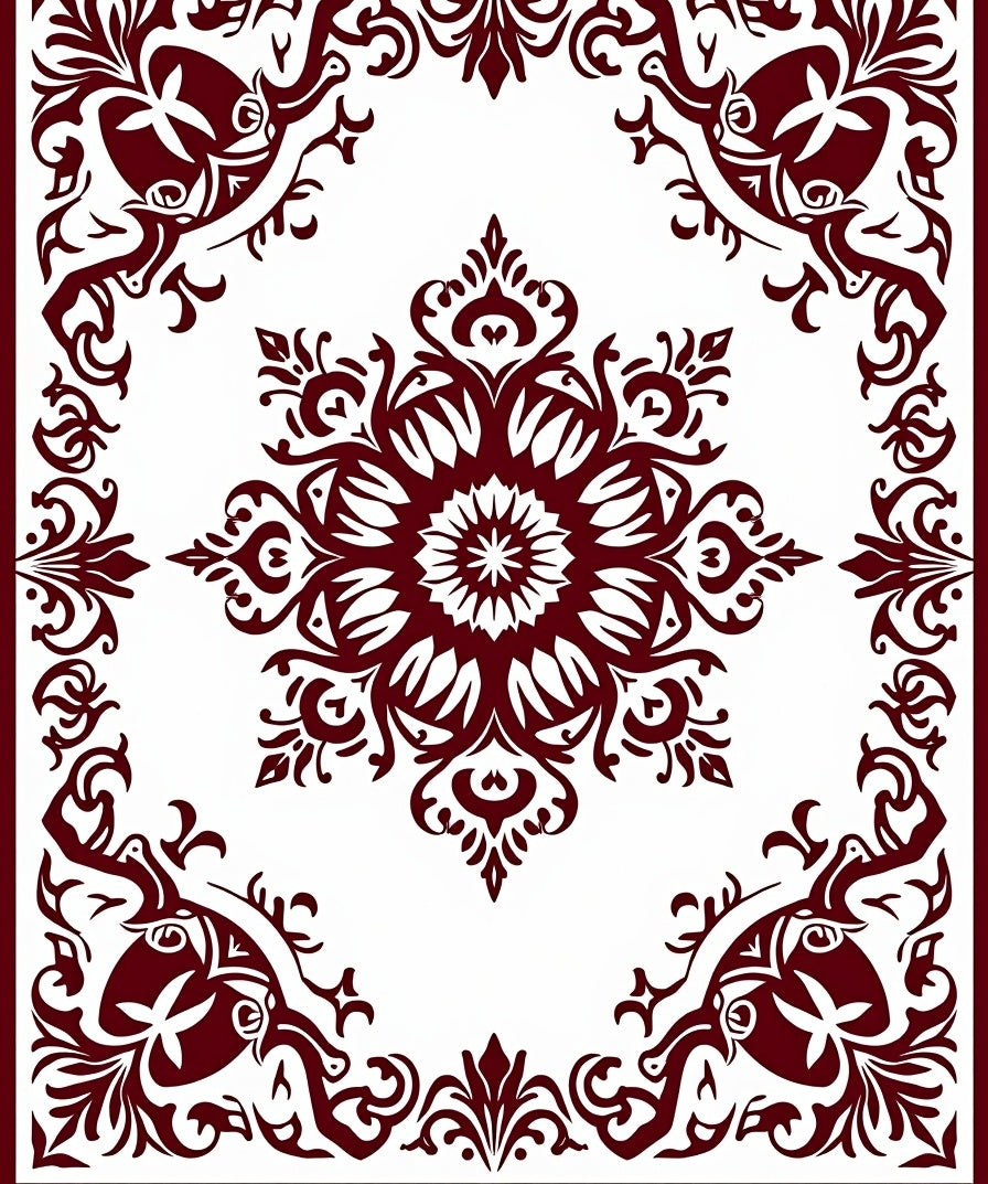 Deep Red Floral Mandala Border Rug