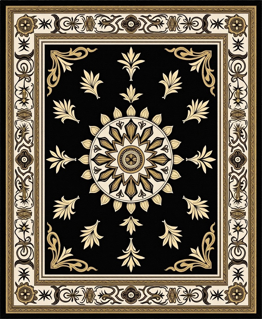 Black Gold Floral Medallion Border Rug
