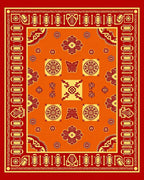 Vibrant Red Orange Geometric Medallion Rug