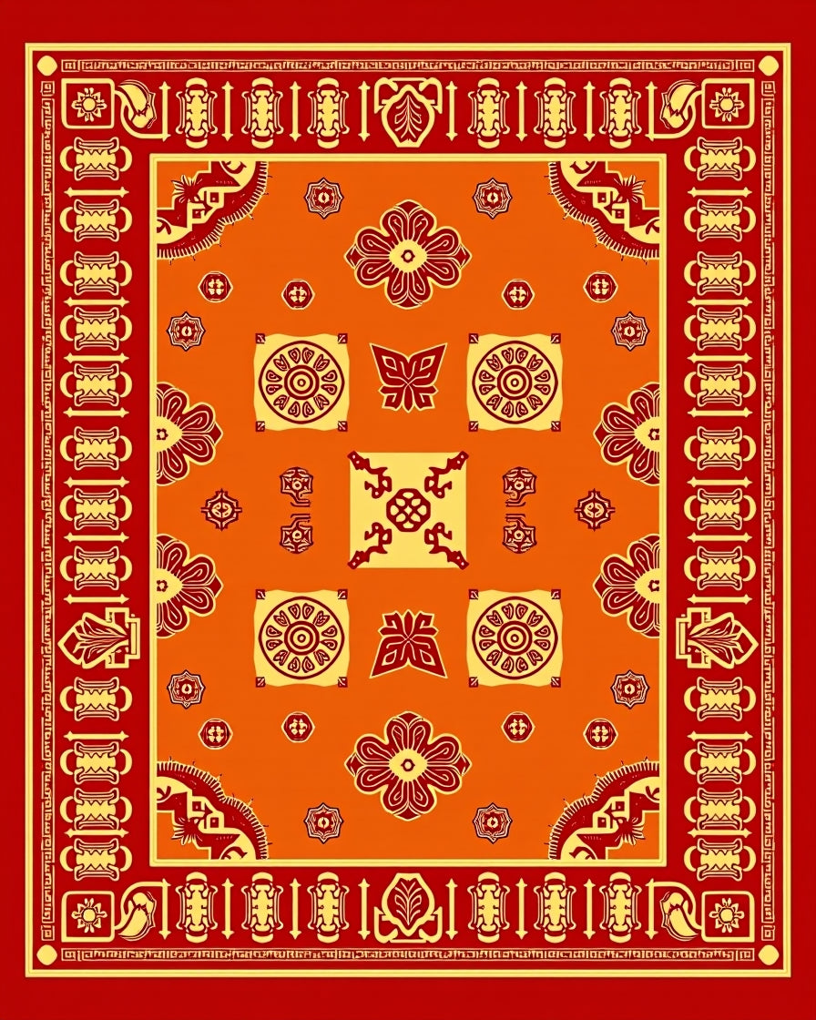 Vibrant Red Orange Geometric Medallion Rug