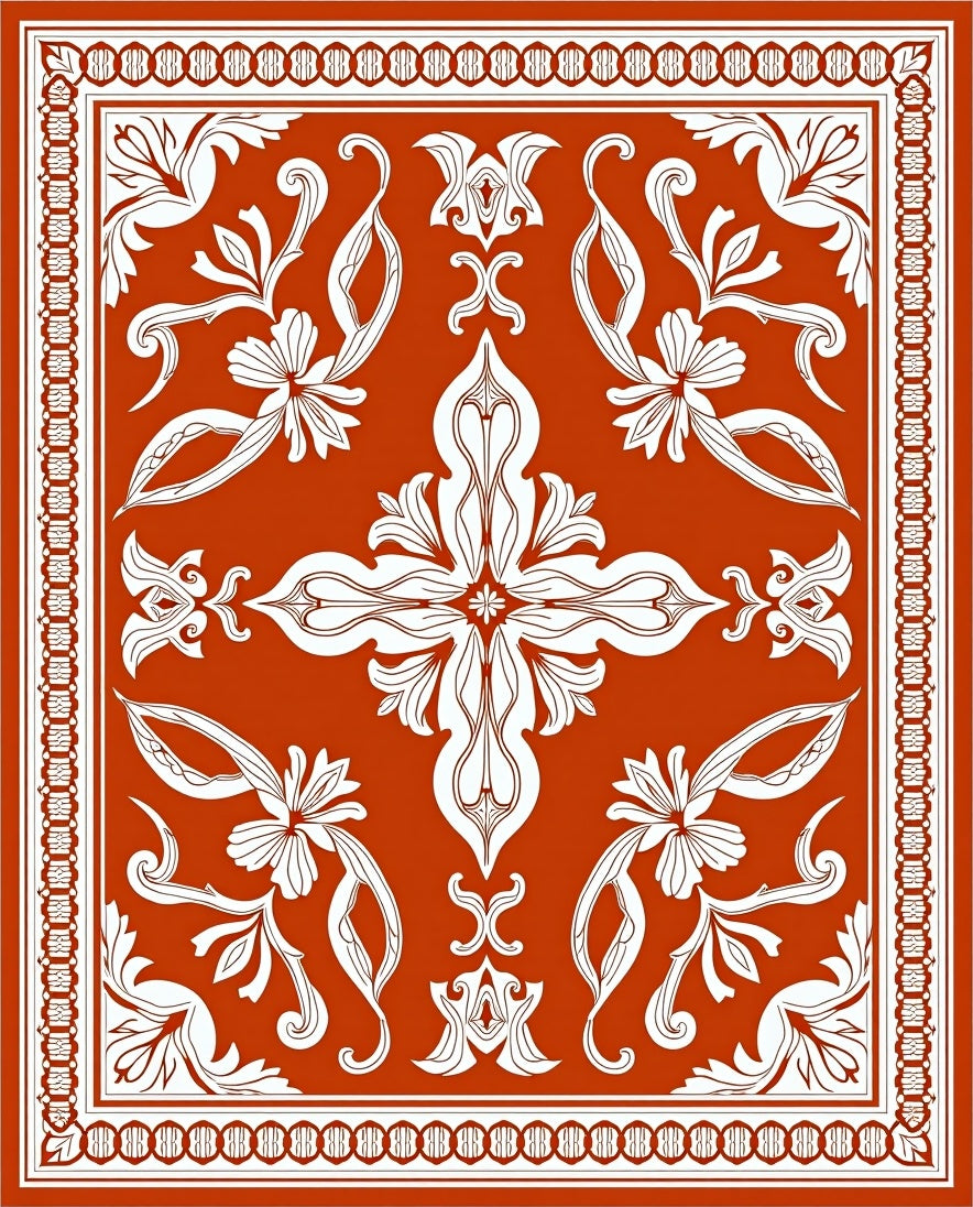 Terracotta White Floral Scroll Medallion Rug