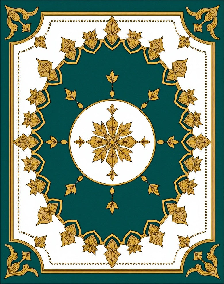 Teal Gold Medallion Floral Border Rug