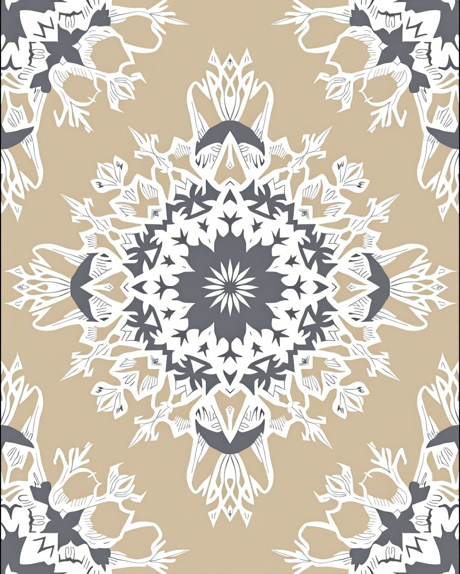 Tan Gray White Ornate Mandala Rug