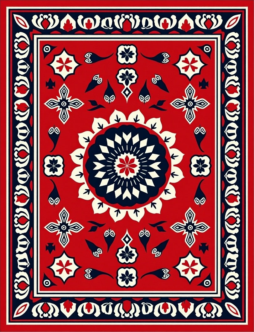 Crimson Navy White Medallion Motif Rug