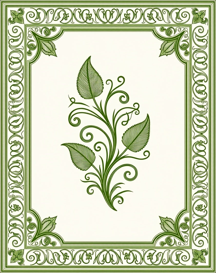Elegant Green Leaf Scroll Border Rug